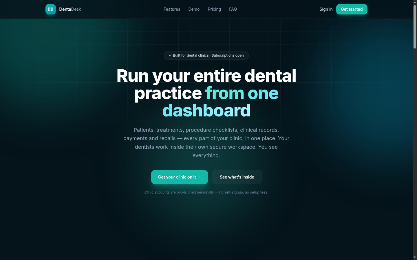DentaDesk dental practice platform — running live at dentist.mcquare.com