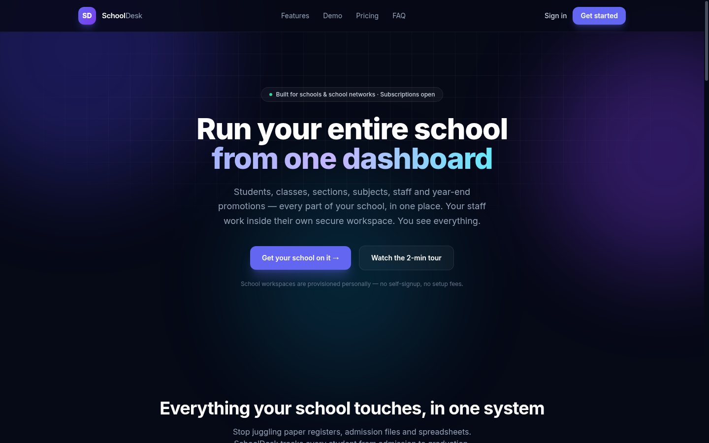 SchoolDesk school management platform — running live at schoolms.mcquare.com